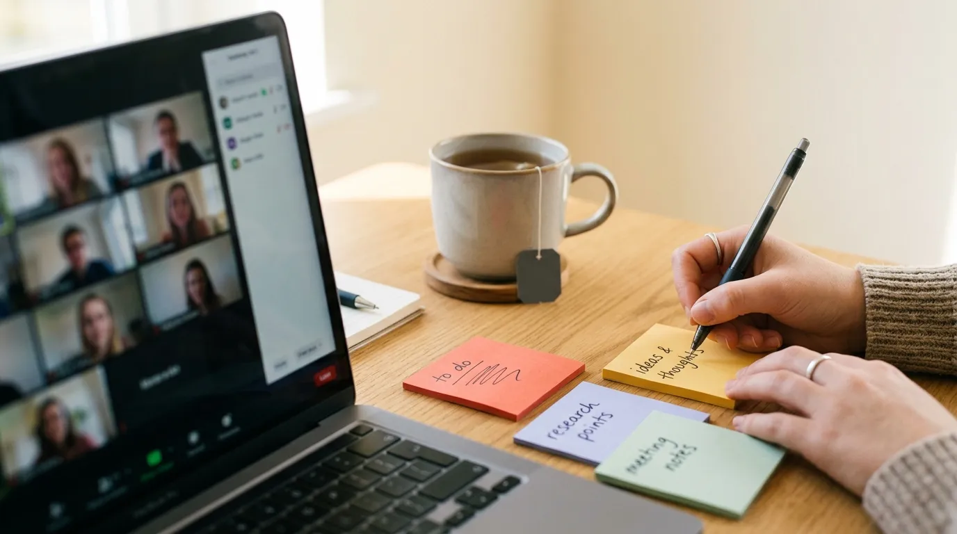 Learner writing short phrases on colourful sticky notes next to a laptop