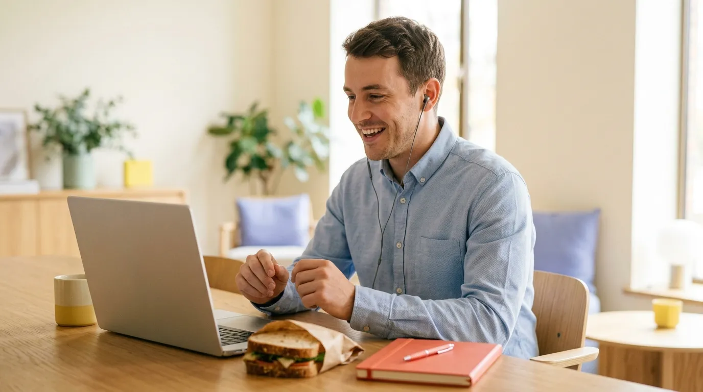 Office worker in a blue shirt with earbuds, smiling during a video lesson on a laptop at lunch, sandwich and notebook on the table