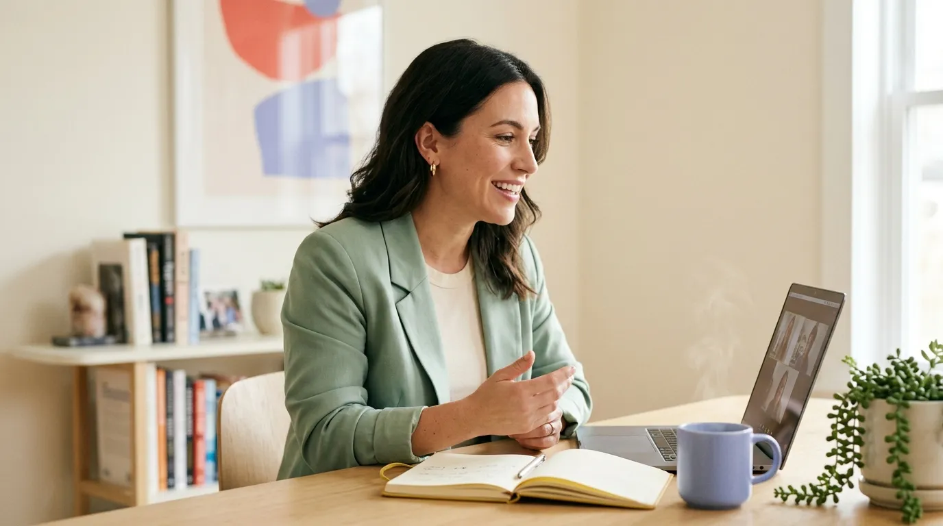 Professional speaking confidently on a video call from a home office