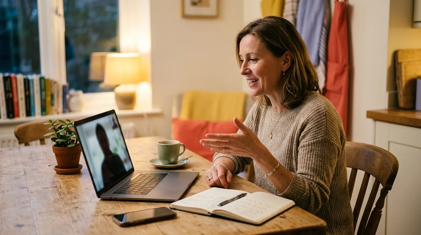 Woman at a kitchen table talking to a tutor on a laptop video call, phone face down next to her notebook