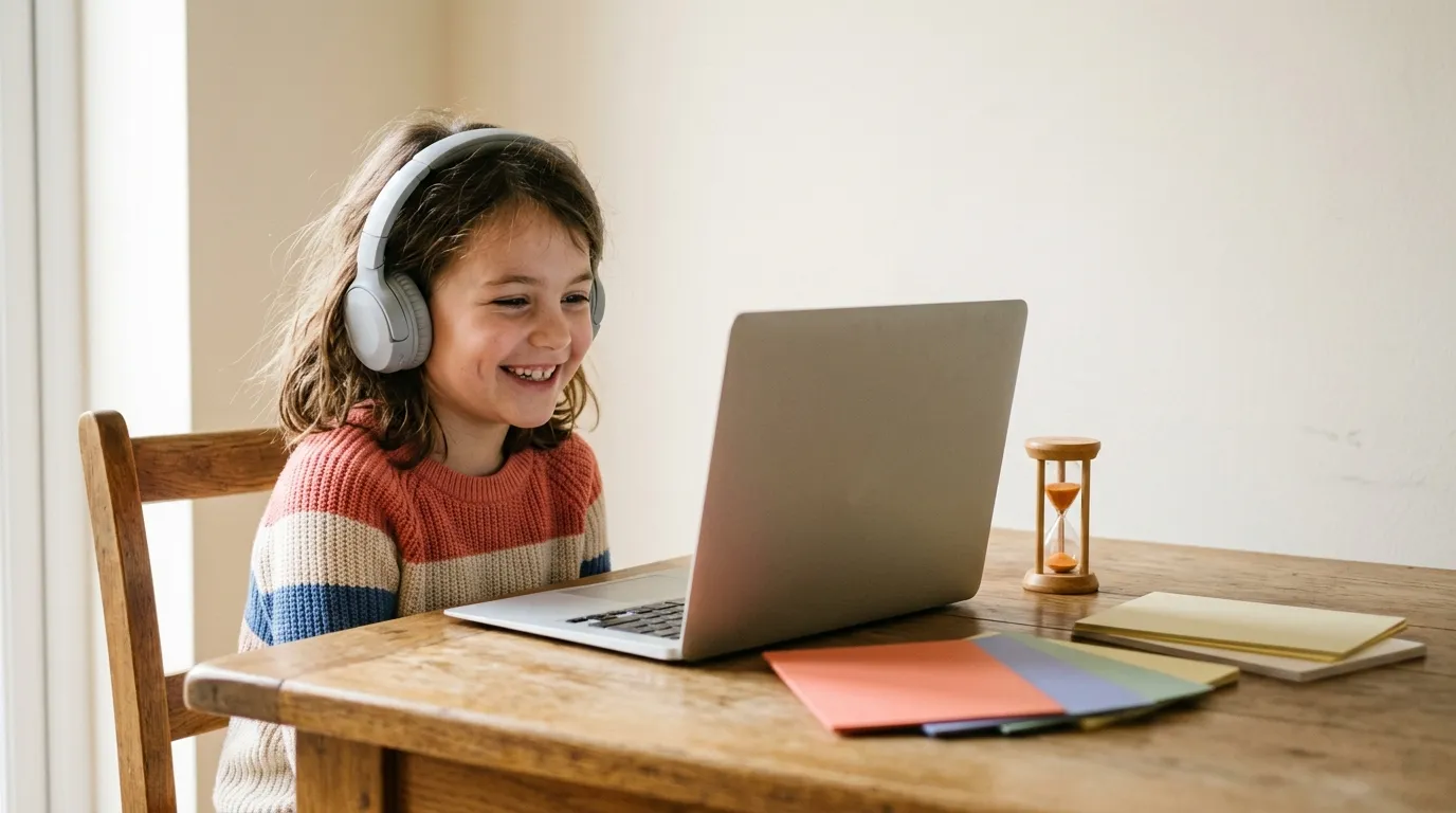 Smiling girl with headphones during a short online language lesson at a wooden table, with a sand timer and colourful cards beside the laptop