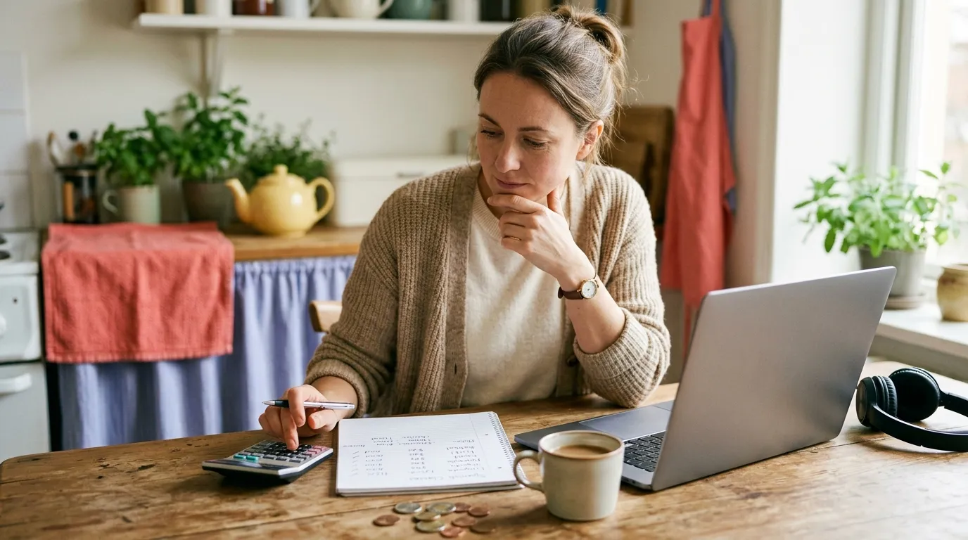 Woman in a knitted cardigan working out the cost of online lessons with a calculator and a notebook at a kitchen table, laptop and headphones beside her