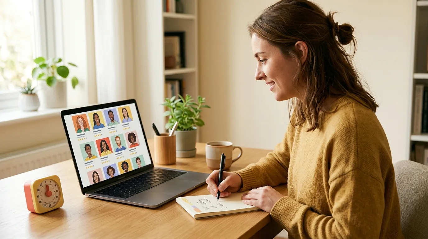 Person comparing tutor profiles on a laptop and taking notes