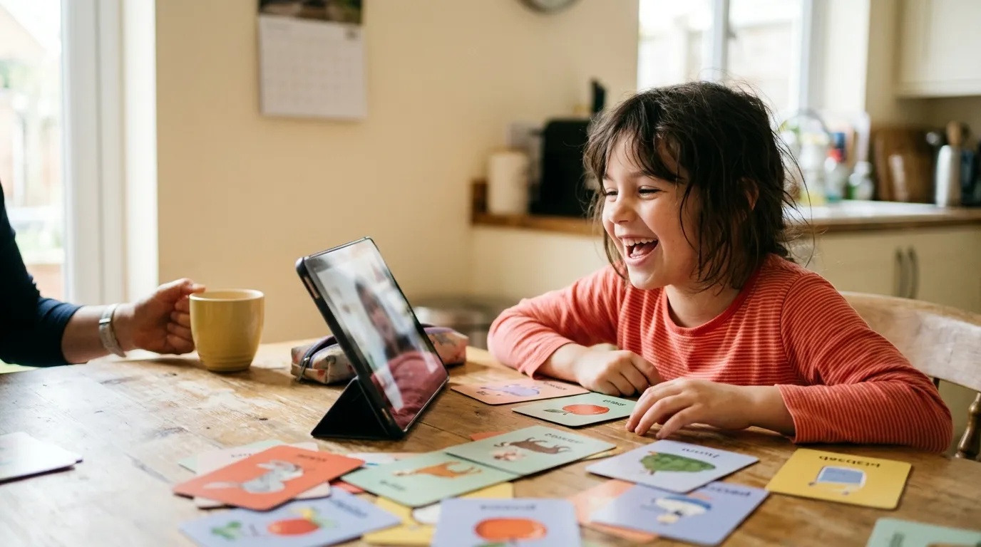 Child laughing during an online language lesson on a tablet