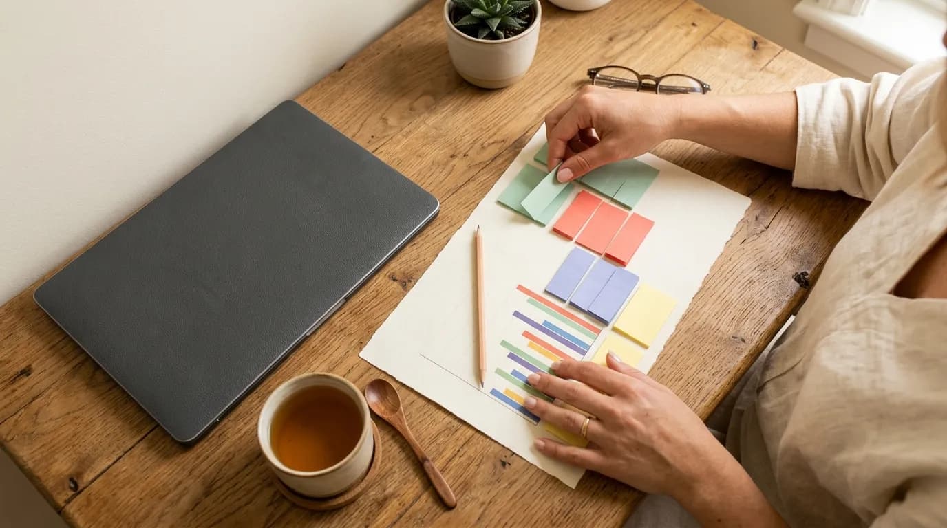 Hands sorting colored sticky notes into groups next to an unlabeled bar chart on a wooden desk