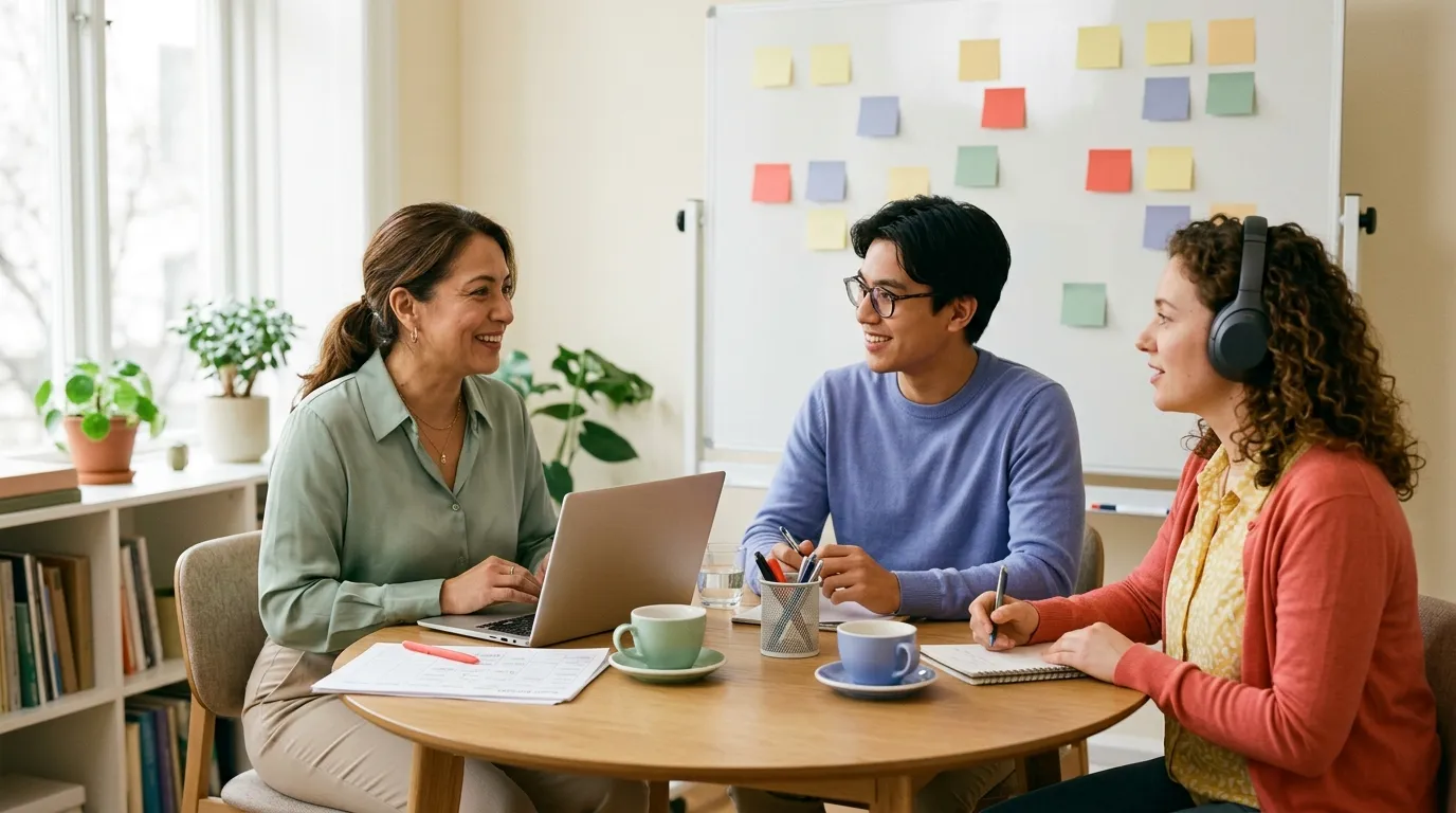 HR manager with a laptop and a planning sheet talking with two employees at a round office table, one wearing headphones for an online lesson