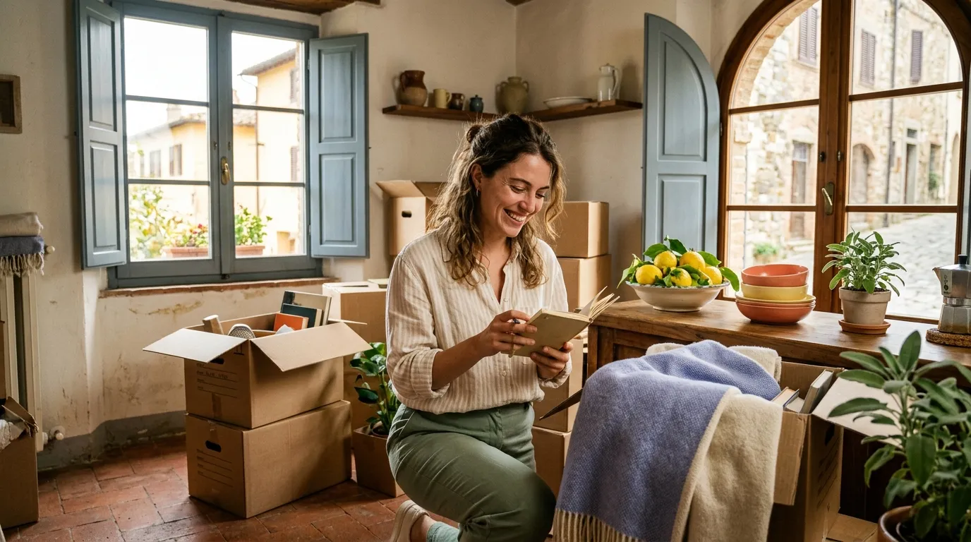 Person unpacking boxes in a sunny Italian apartment