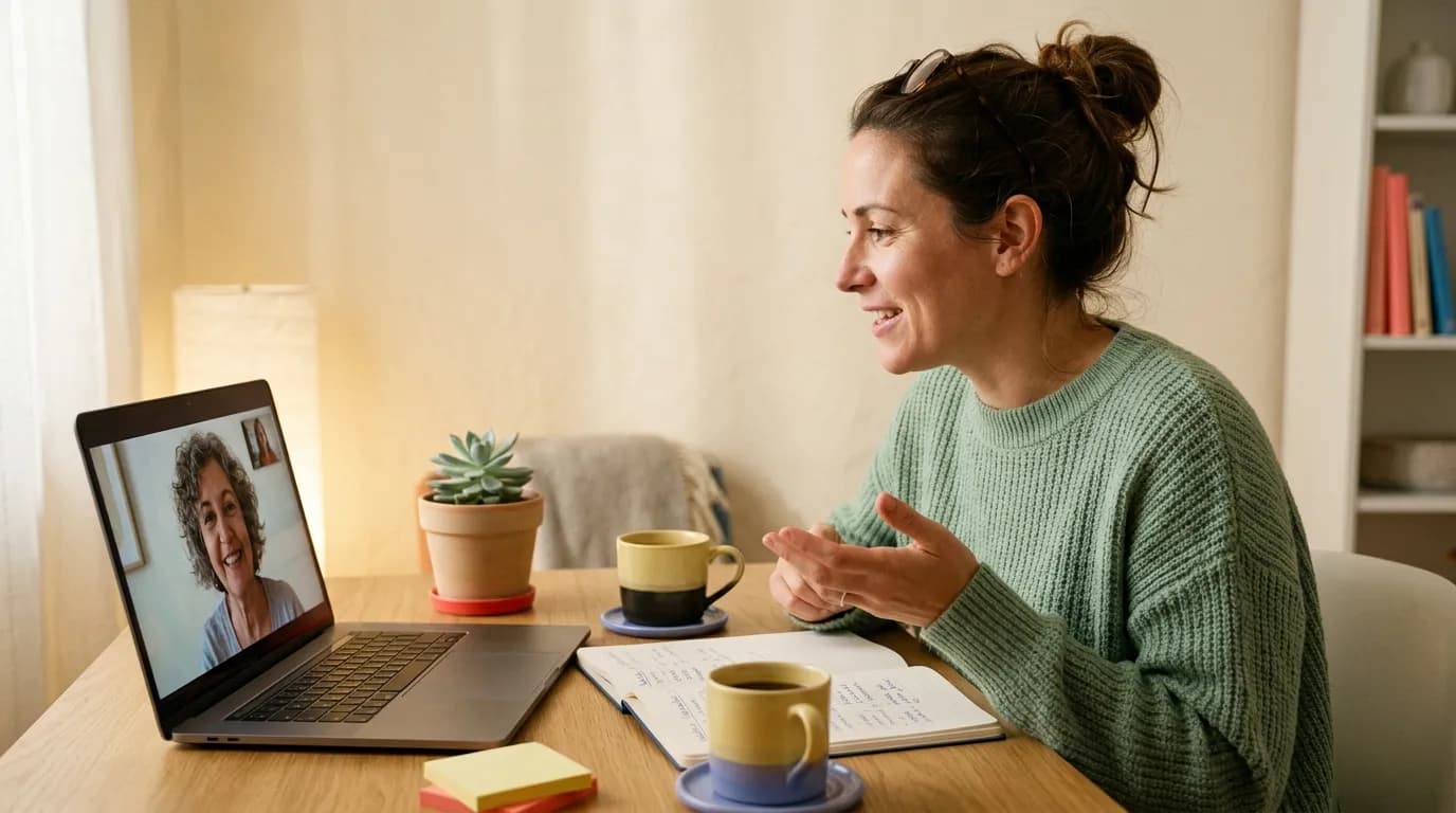 Woman in a green sweater talking with a Spanish tutor on a laptop video call, notebook and coffee on the desk