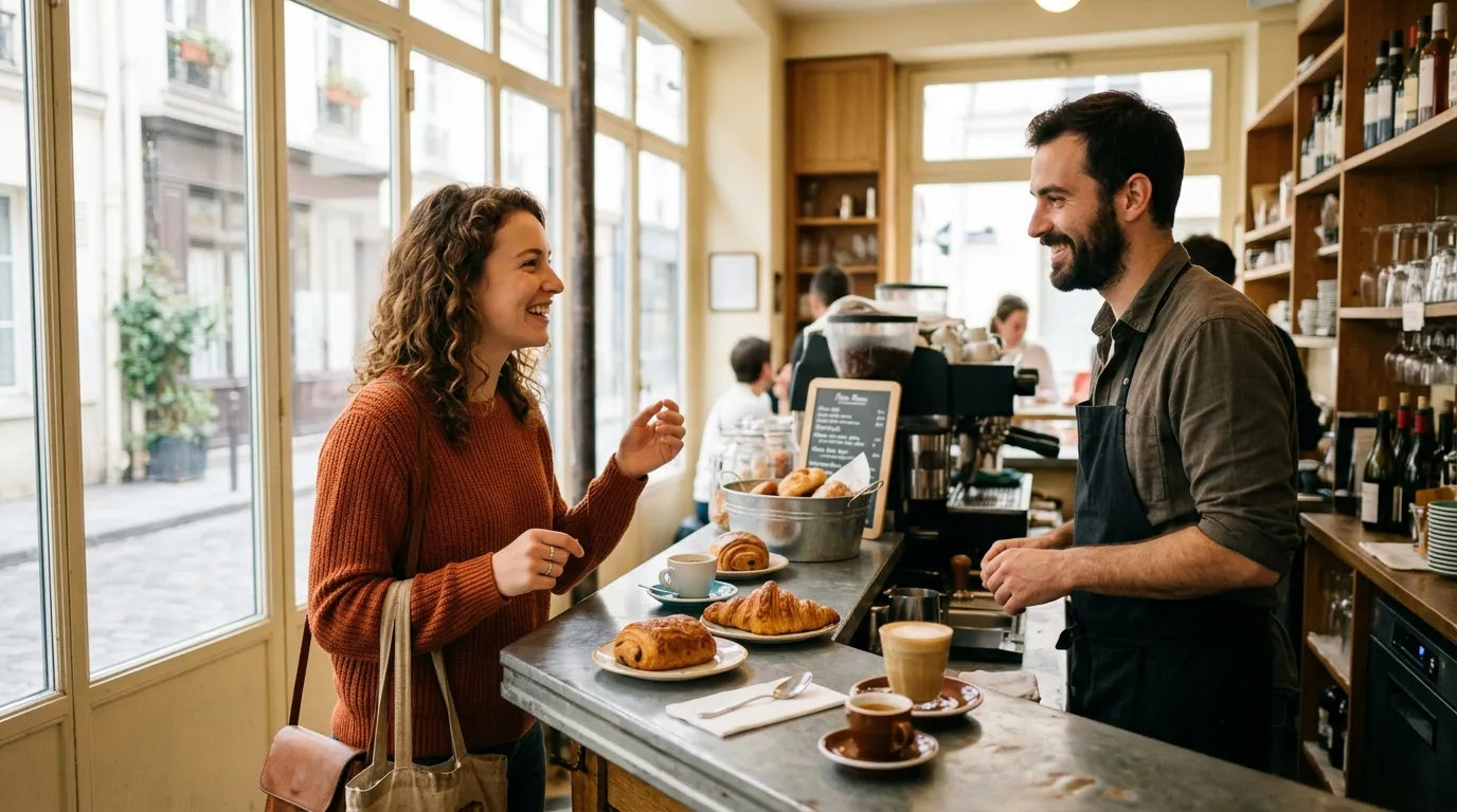 Traveller ordering at the counter of a small Parisian café