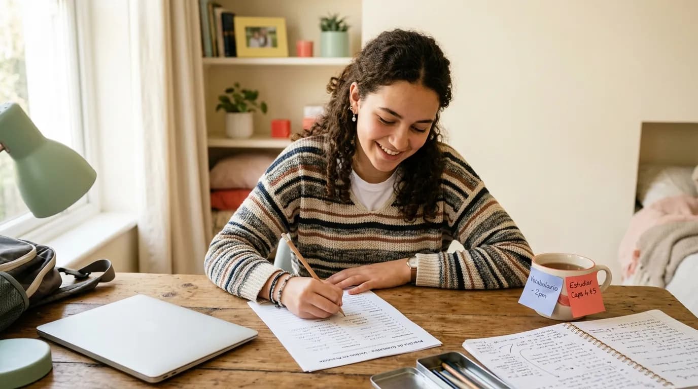 Smiling student in a striped sweater filling in a Spanish grammar worksheet at a wooden desk, sticky notes on a mug of tea
