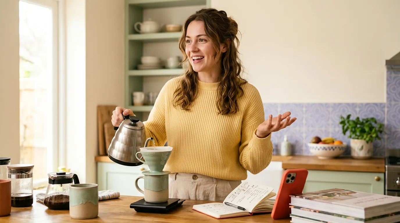 Woman in a yellow sweater talking out loud to herself while pouring coffee, phone and open notebook on the kitchen counter