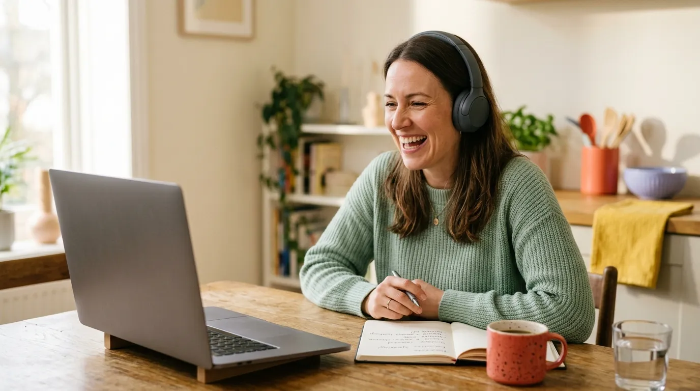 Woman in a green sweater laughing with headphones on during an online English conversation lesson at a kitchen table, laptop, open notebook and a red mug
