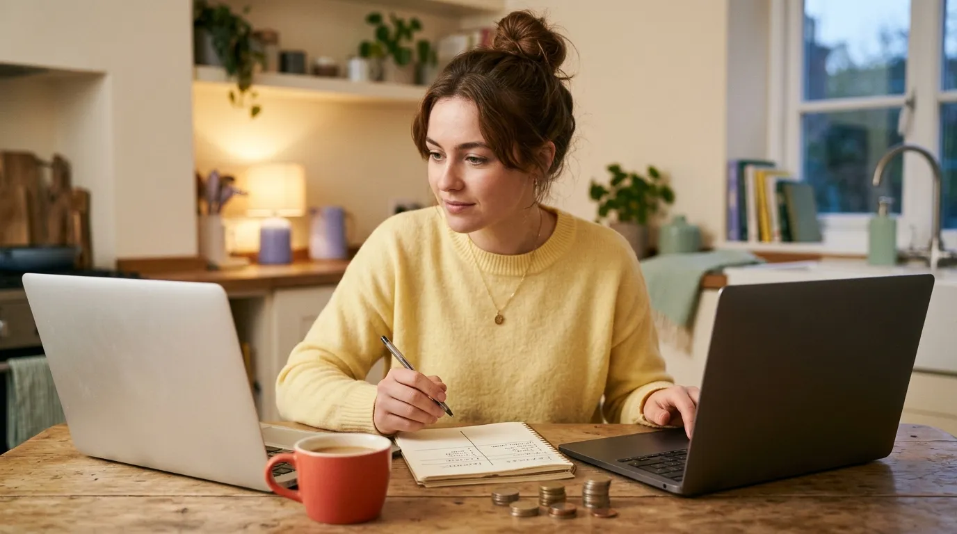 Young adult at a kitchen table with two open laptops and a notebook, pen in hand, comparing lesson budgets over a mug of coffee