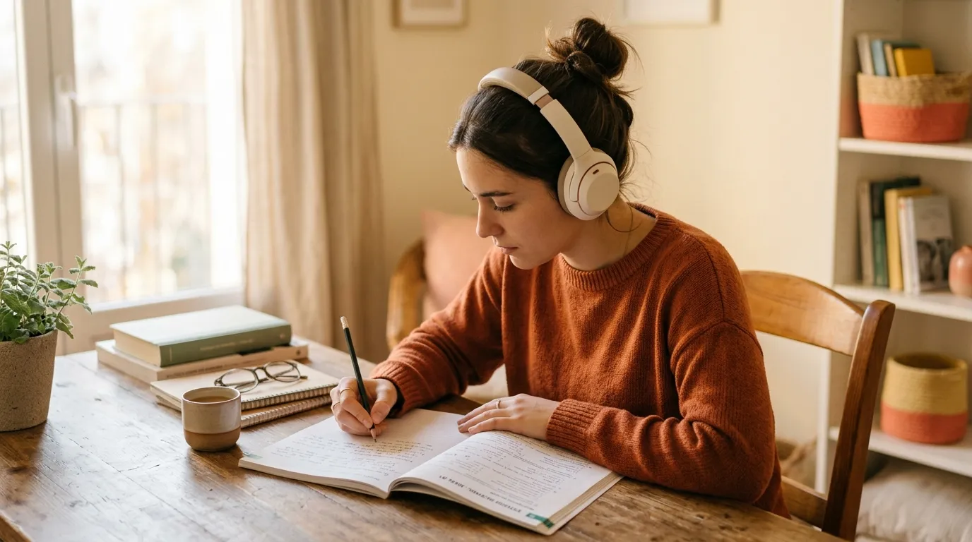 Student with headphones writing in a Spanish exam workbook at a wooden table by the window