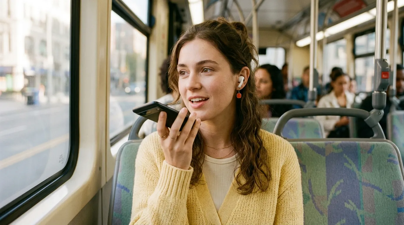 Young woman in a yellow cardigan on a city bus, earbud in, saying a phrase out loud into her phone