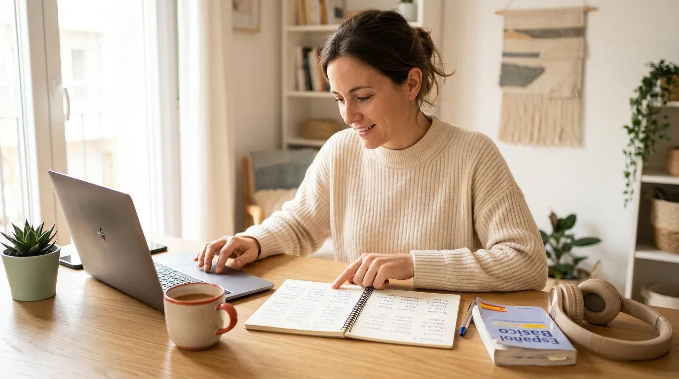 Woman in a cream sweater comparing handwritten notes on Spanish tutors in a notebook at a sunny desk, laptop, coffee cup, headphones and a Spanish phrasebook beside her