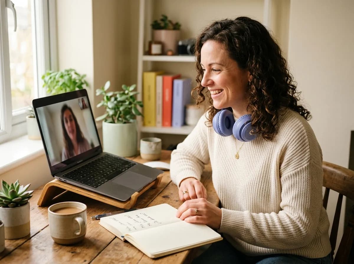 Adult learner smiling during a live video language lesson at a home desk