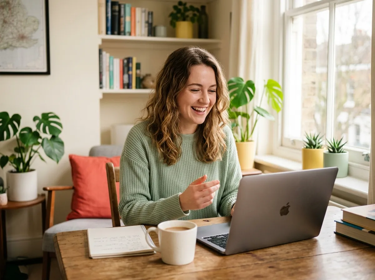 Young professional practising English on a video call at home