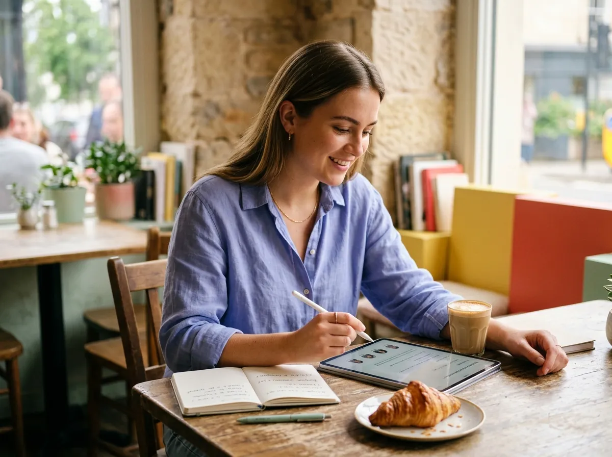 Learner with a coffee and croissant taking an online French lesson on a tablet