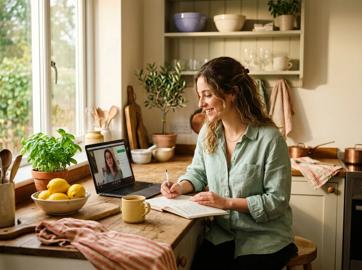 Learner in a sunny kitchen taking an online Italian lesson on a laptop