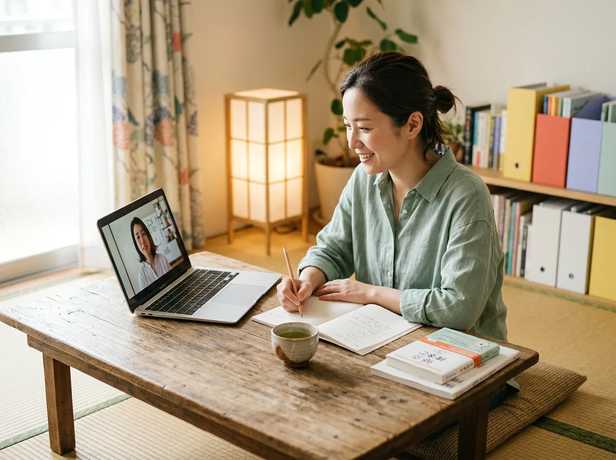 Learner at a low wooden table on tatami, writing notes during an online Japanese lesson, cup of green tea beside her