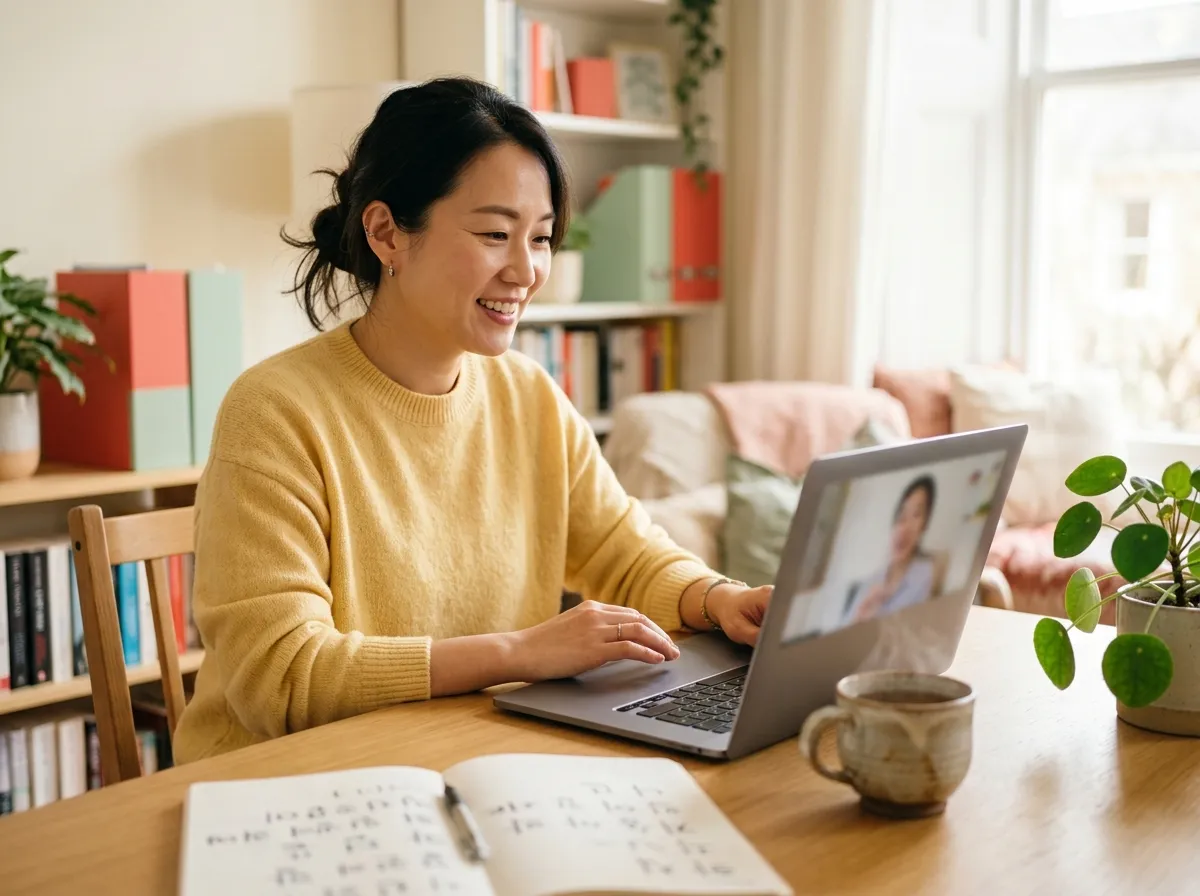 Smiling learner in a yellow sweater on a video call with a Korean tutor, practice notebook open on the table