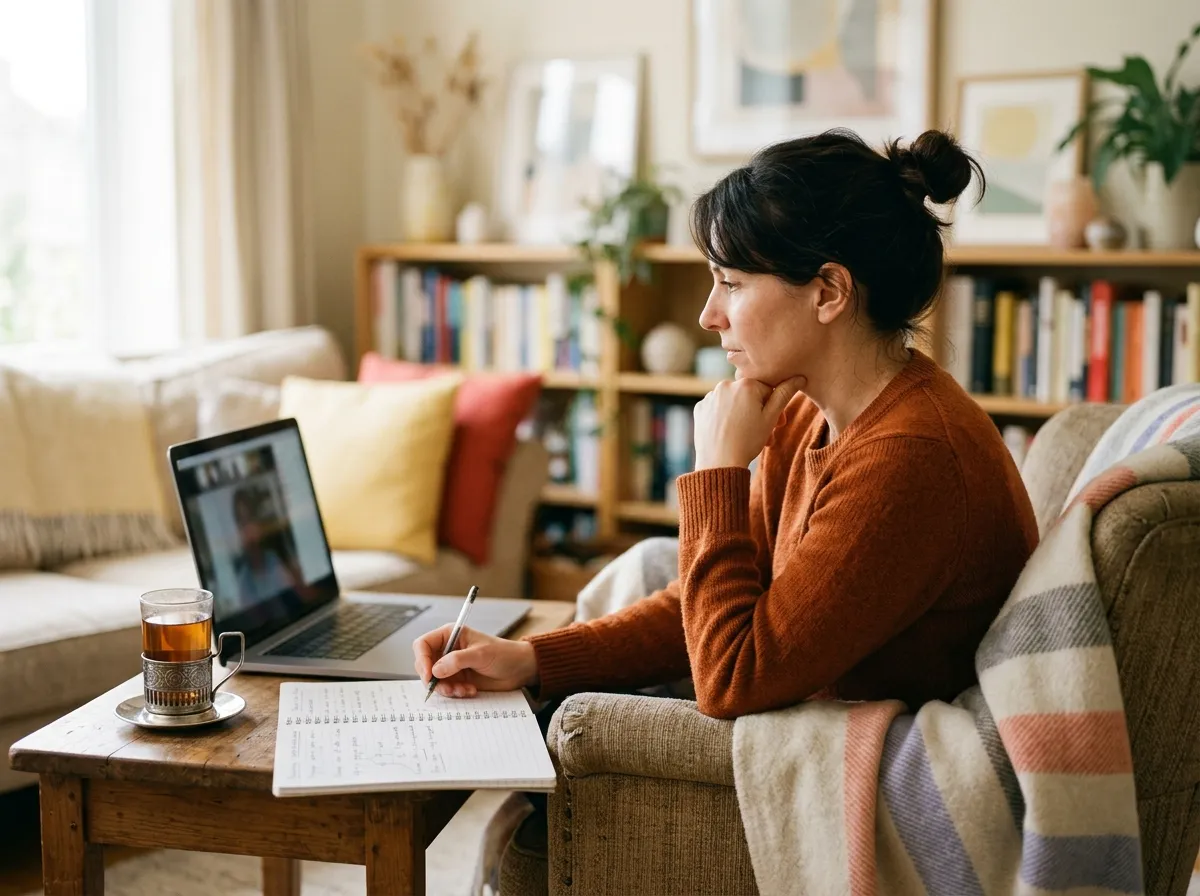 Learner in an armchair taking notes during an online Russian lesson, tea in a metal glass holder on the side table