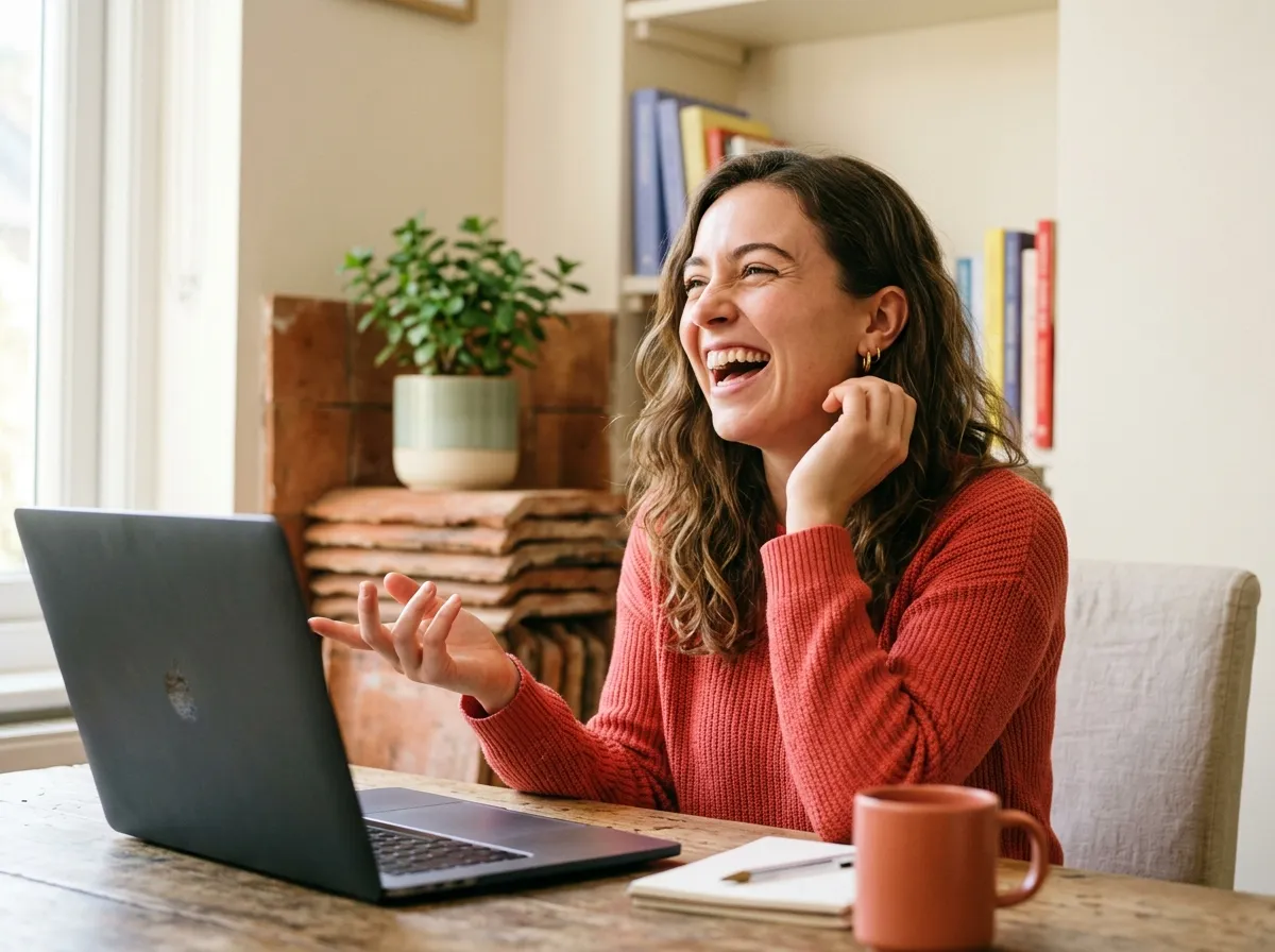 Learner laughing during an online Spanish lesson