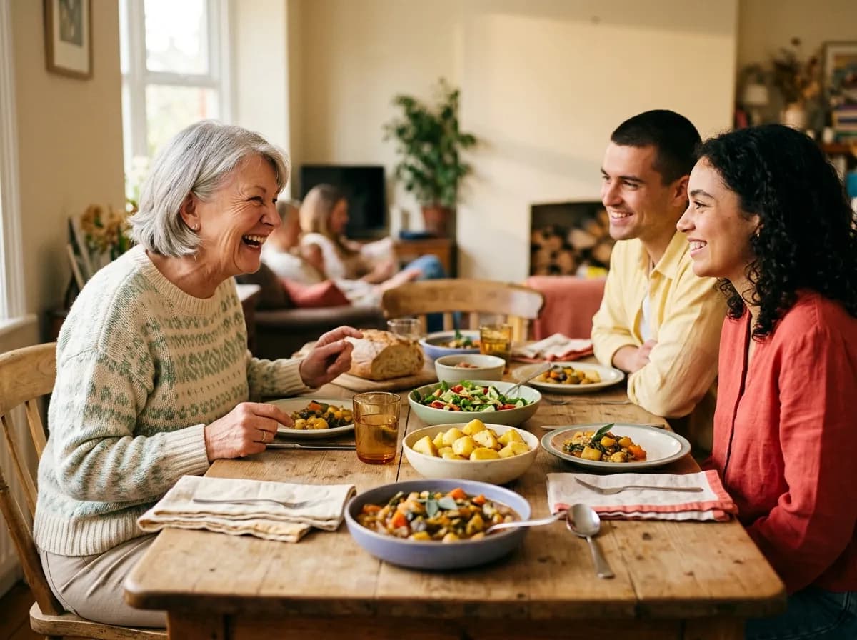 Grandmother laughing with her grandchild and partner at the family dinner table
