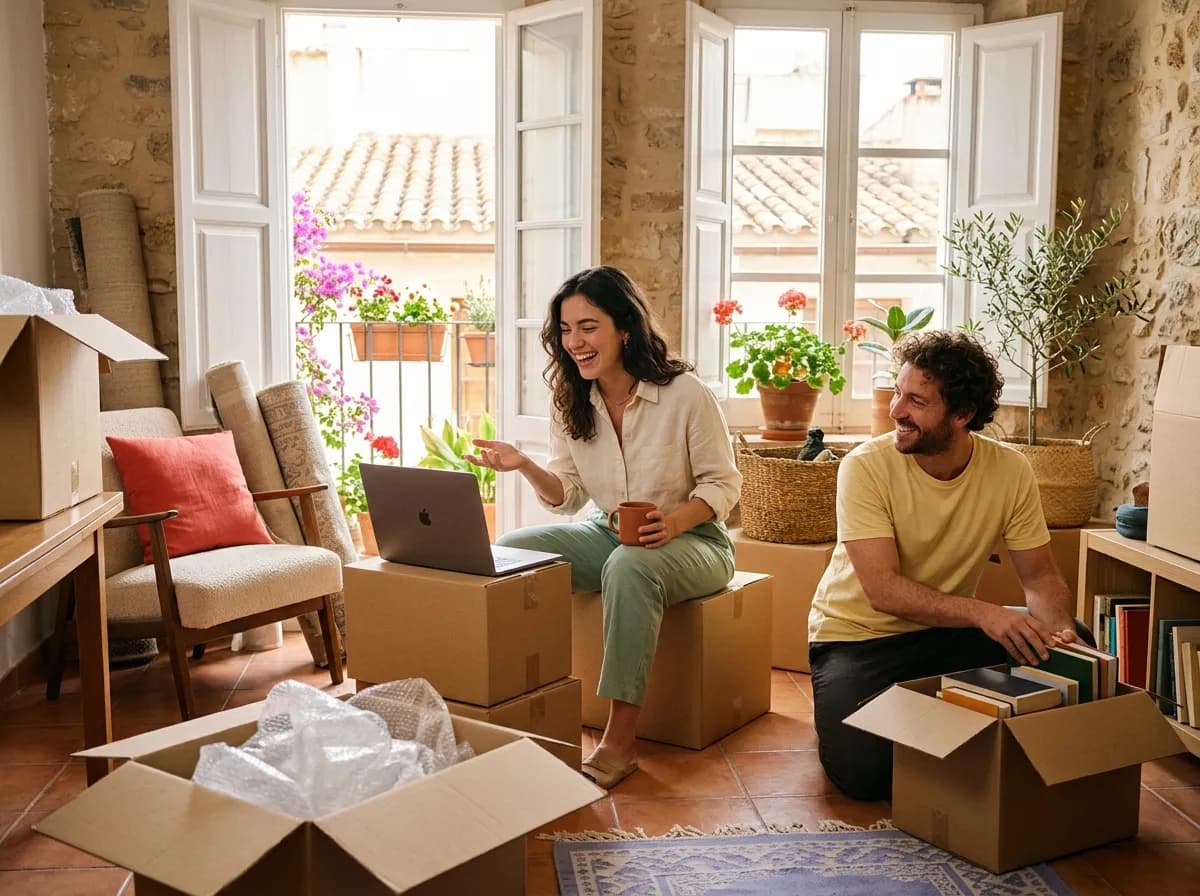 Couple unpacking boxes in a sunny Mediterranean apartment during a video call