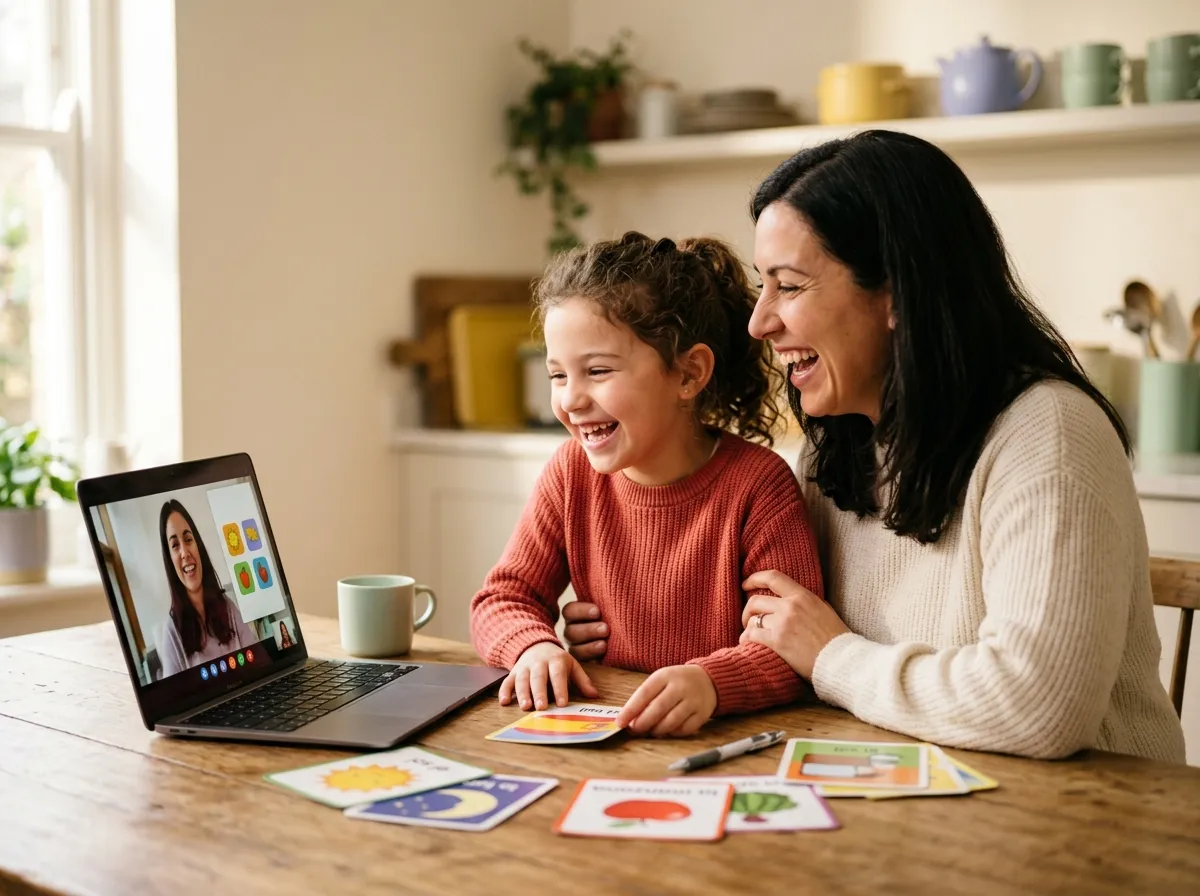 Parent and child laughing during an online Spanish lesson at the kitchen table
