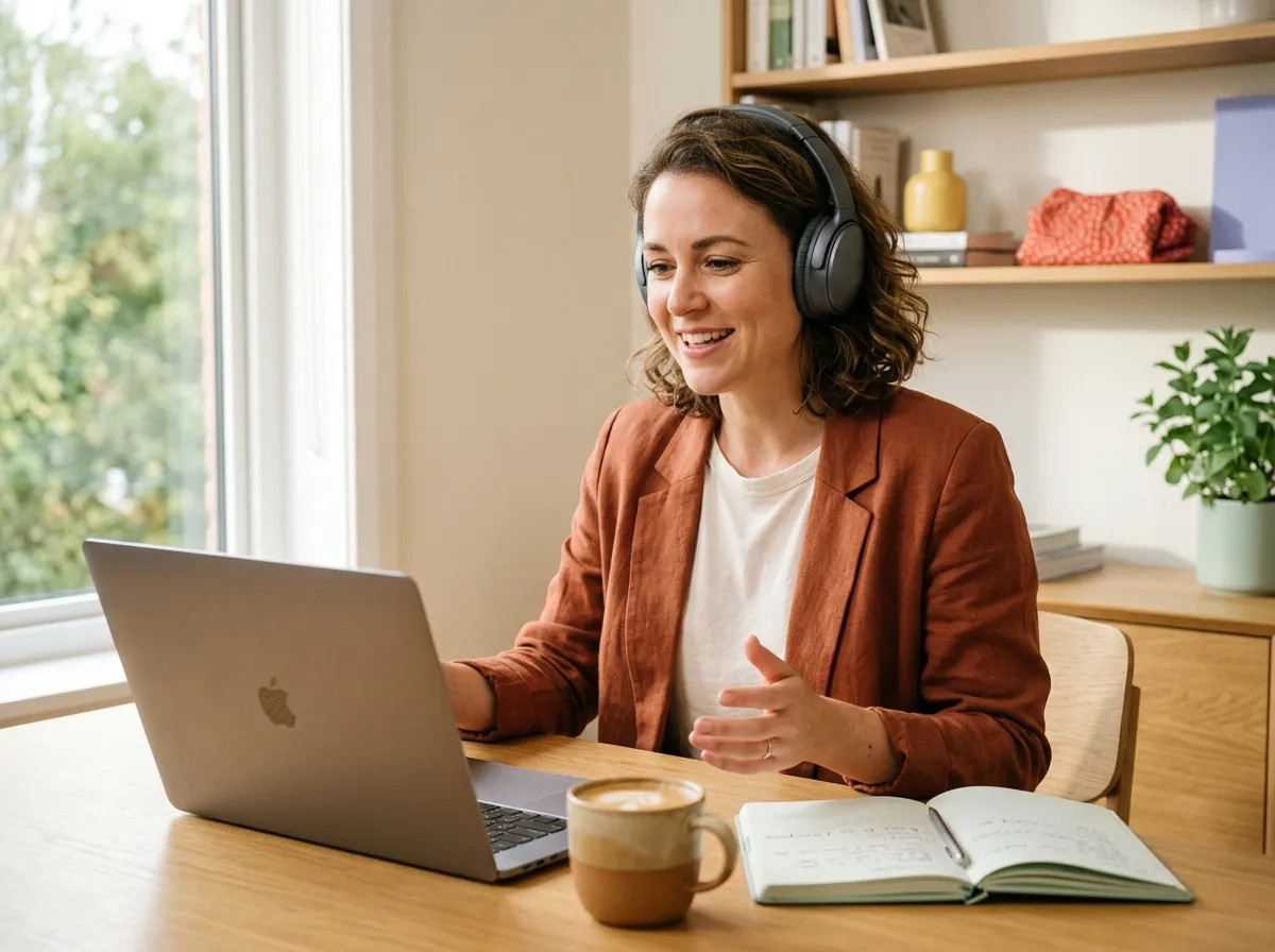 Professional speaking on a video call from a bright home office