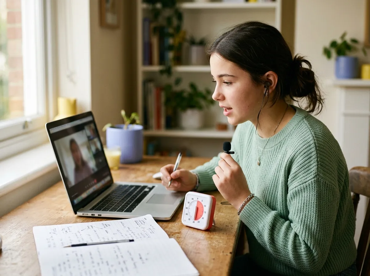 Teenage student practising speaking for a language exam on a video call