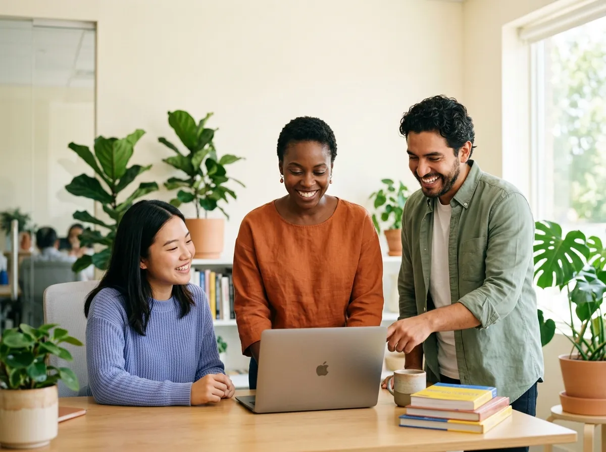 Manager and colleagues planning language training around a laptop