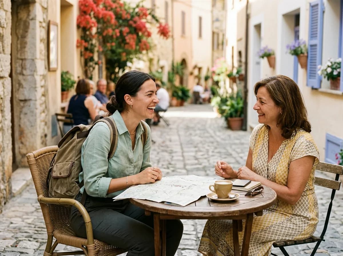 Traveller chatting with a local at a street café