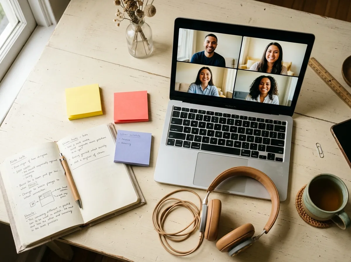 Desk with a laptop on a video call, headphones, notebook and colourful sticky notes